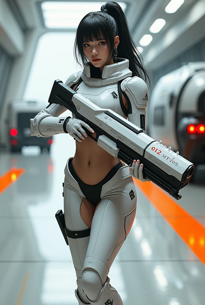 Girl from the back holding a futuristic gun, realistic and intricate beautiful face girl in realistic sci-fi plugsuit outfit in neon-lit, masterpiece, 4k, UHD, sharp focus, cinematic illumination, midnight aura, best quality