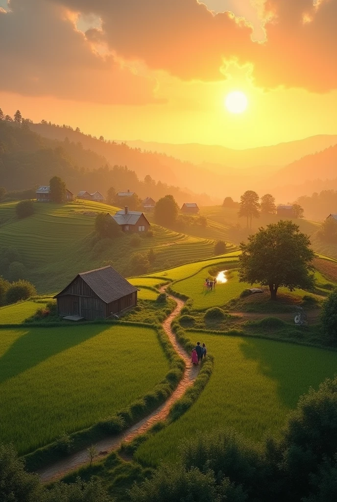 Image of a small rural village
A picturesque village with fields and small houses, depicting the simplicity and tranquility of rural life. The sun is setting in the background, and a few villagers are seen working in the fields.