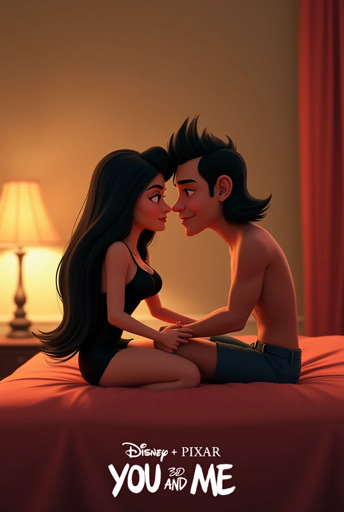 In the photo there is a young woman with slightly curly black hair and bangs Dora, the color of her eyes are brown. She finds next to a young blond man and turquoise eyes. They are above a bed. The young woman is wearing only a black bra and skirt. As for the young man, he is well dressed in a white shirt and beige pants. The girl has a disgusted mood and tries to push the boy out of bed as the boy almost falls, he feels satisfied.. Beautiful pixar 2D version like in Phinéas and ferb