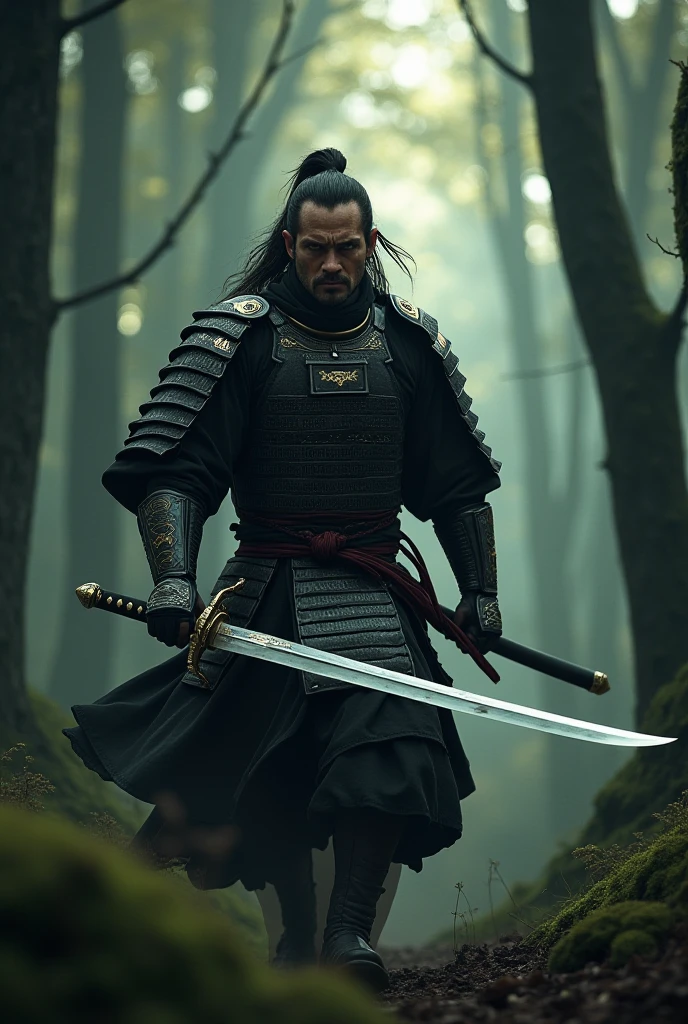 samurai in 4k full of scars on his body fighting with a sword in his hand in a dark forest cinematic scene lens blur
