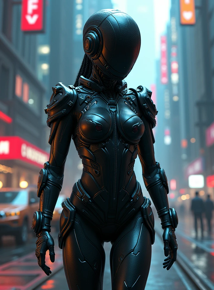 16k image, gorgeous [Woman | Batman], black tight  leather bikeroutfit on body, bikersuit, biker gloves, (huge breasts), slim body, futuristic (all closed cyber helmet) with jackal ears, faceoff, cyberpunk, lustful, seductive, leaning down, bending down, sexy pose, half side view, on background of night japan city,