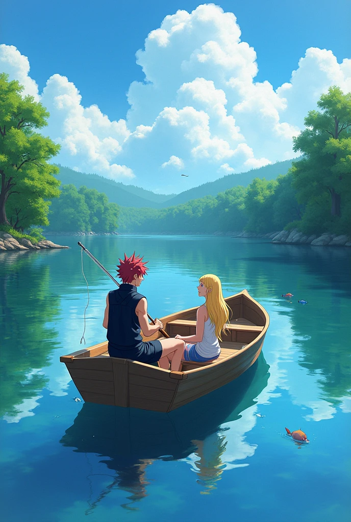 Create an anime-style elf with short, shoulder-length hair in blue, blue eye, with a bow and arrow on his back. Do it on a boat and wave to a mermaid with pink hair and a pink tail