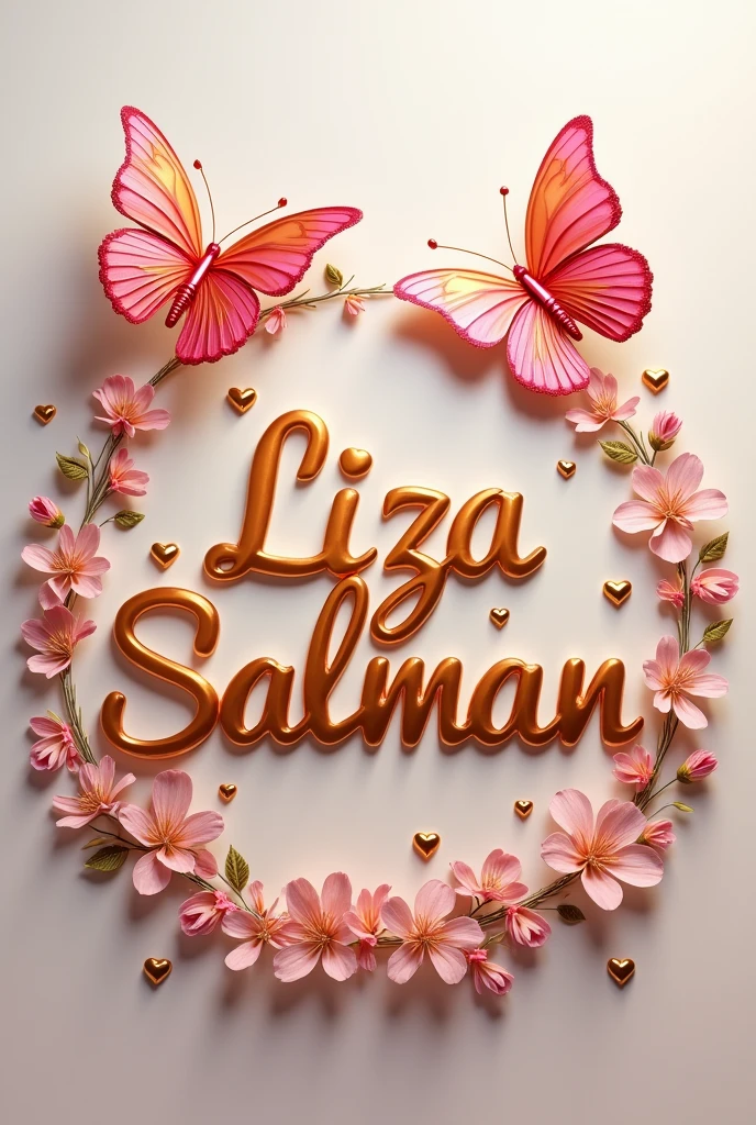 A poster-worthy conceptual artwork titled ""Liza Salman" Signature Johurul" with bold, swirling orange metallic typography that frames the name. Delicate multicolored flowers surround the typography, and two graceful pink and gold metallic butterflies dance above, symbolizing freedom and grace. Shiny, vibrant tiny hearts in gold and peacock colors are interspersed throughout the design, accentuating the luxurious and magical ambiance. This piece seamlessly blends conceptual art, and 3D rendering, encapsulating love, appreciation, and gratitude. The harmonious fusion of design elements evokes a sense of wonder and admiration, making it a mesmerizing piece for any art collection or display.