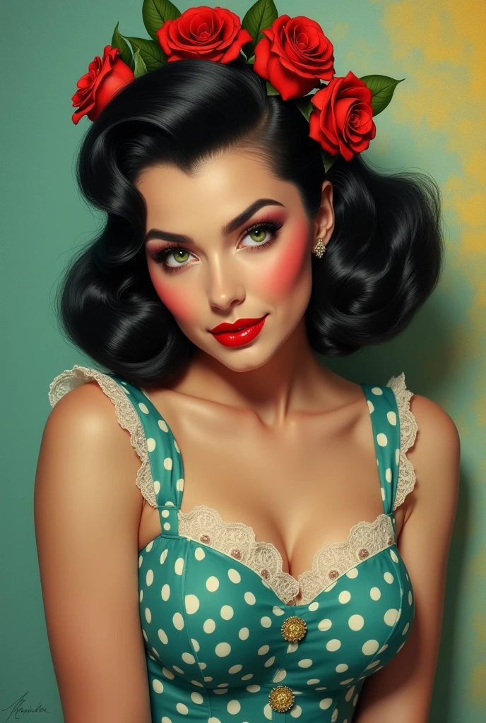 (best quality)), ((masterpiece)), (detailed), (high quality), ultra high res, highres, 8k, 4k, UHD, NSFW, hentai, 1girl, 1950s, (trad wife, 1950s housewife, 50s hairstyle, short hair, mature adult woman, detailed eyes, symmetrical eyes, stunning tall beauty, rosy skin, slender figure, very long body, long legs, blue dress with white polka dots, medium breasts, small waist, wide hips, high heels, bent over counter, seductive look, longing look, aroused, biting finger, erotic pose), tiled kitchen, cinematic lighting, immersive atmosphere, vibrant colors,