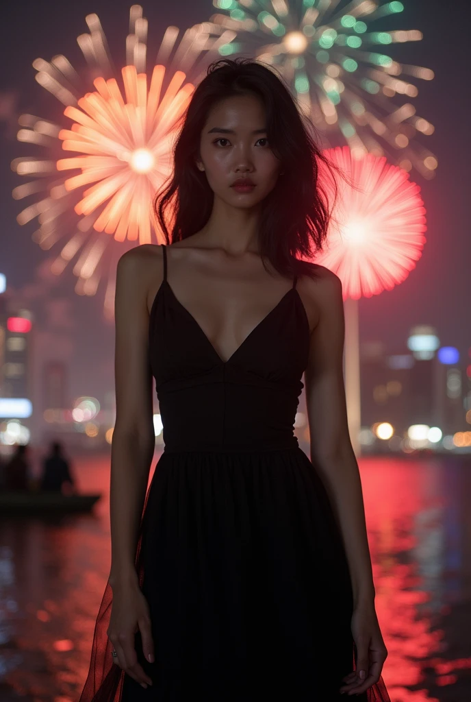 Unbeatable masterpiece, Ultra photo realsisim, Perfect artwork, Intricate details, Best quality, Strong light,High contrast,1girl,fireworks,light particles,ray tracing,night,screen space refraction,(Masterpiece, best quality,complex details: 1.2),ultra-high definition, high saturation,clean bright colors, rich details, 8k,RAW photo,Canon