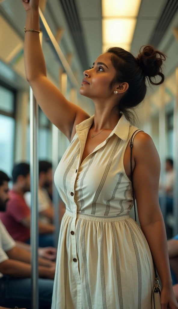 So I want a realistic image scene, indian bus, a men and women standing lane between seats, women wearing sleeveless western dress, her hand are up slides behind her head, exposing her sweaty armpit.