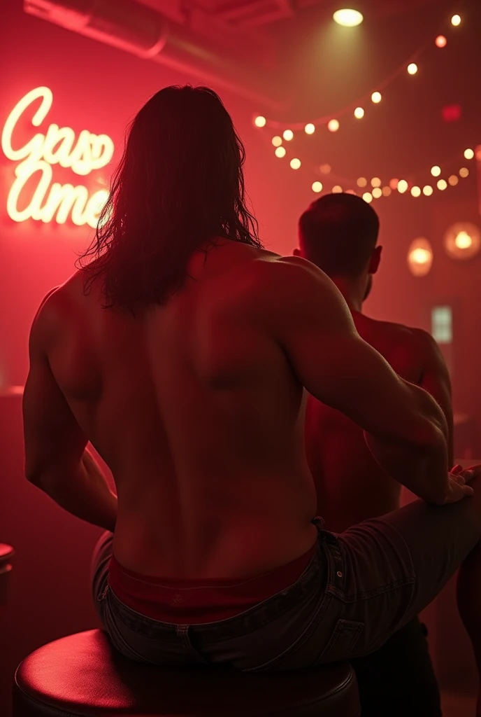 A handsome cowboy man sitting in a bar in black clothes and a cigarette in his hand while serving him drinks, a handsome young white man sits on his leg and hugs him, seducing the millionaire.