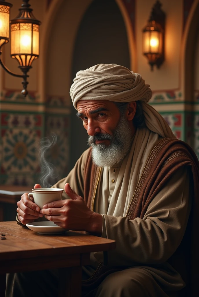 Iraqi man drinking tea in bathroom