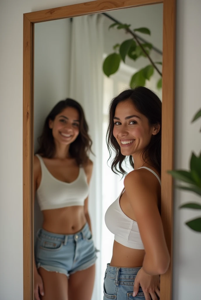 RAW photo in sequence, uma imagem de uma jovem adulta, ((selfie toda parte do corpo, sorriso brilhante)), com sombreado de sombra, 8k ultra high definition, detalhes super finos, um mestre-pintura, de alta qualidade, perfect light and shadow lighting, um ambiente, luzes apagadas, cortinas fechadas, luz do sol entrando pela janela.