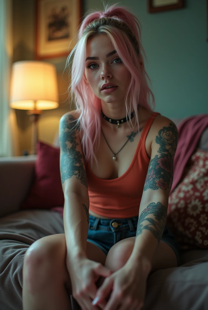 reate an ultra-high quality, hyper-realistic image of a young, edgy woman with pastel pink hair and sleeve tattoos, immersed in her work on a sleek laptop at a bustling café. The setting is cozy and modern, with soft, warm lighting that highlights her focused expression and the subtle reflections on her laptop screen. Around her, the café is alive with a diverse array of patrons engaged in conversation, their forms blurred just enough to give a sense of activity without detracting from the woman as the central figure. She should be portrayed in sharp detail, from the texture of her hair and the intricate designs of her tattoos to the fabric of her casual tank top. Her surroundings should include wooden tables, ambient lights hanging from the ceiling, and a bokeh effect that captures the hustle of the café. The image should have depth and richness, with a balanced composition that draws the viewer's eye to her, capturing a moment of stillness in her otherwise dynamic environment. Use a depth of field that brings the woman into clear focus while softly blurring the background, and employ a top-of-the-line camera lens effect to give a vivid, almost tangible quality to the scene.