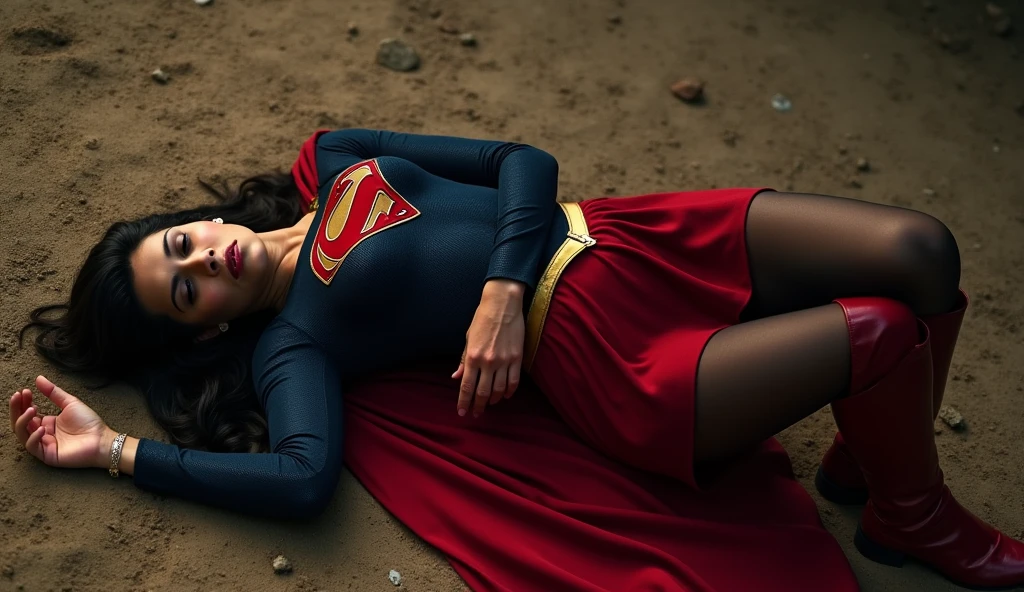 A woman with short hair dressed as Superman. with a cape. physically strong, lying on her side on the floor in the fetal position, sobbing. perspective from above.