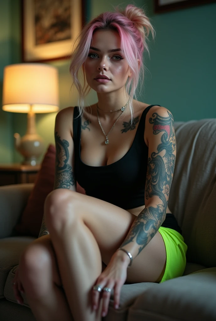 Imagine Laurence Bedard reclining on a plush velvet sofa in a cosy coffee shop, her pink hair framing her captivating features. As she sips her espresso, the sleeve of her full body tattoo peeks out from beneath her cropped top, hinting at the intricate designs that adorn her skin. The aroma of freshly ground coffee mixes with the sight of her mesmerizing ink, of the caligraphic style tattoo saying overcome, on her abdomen,