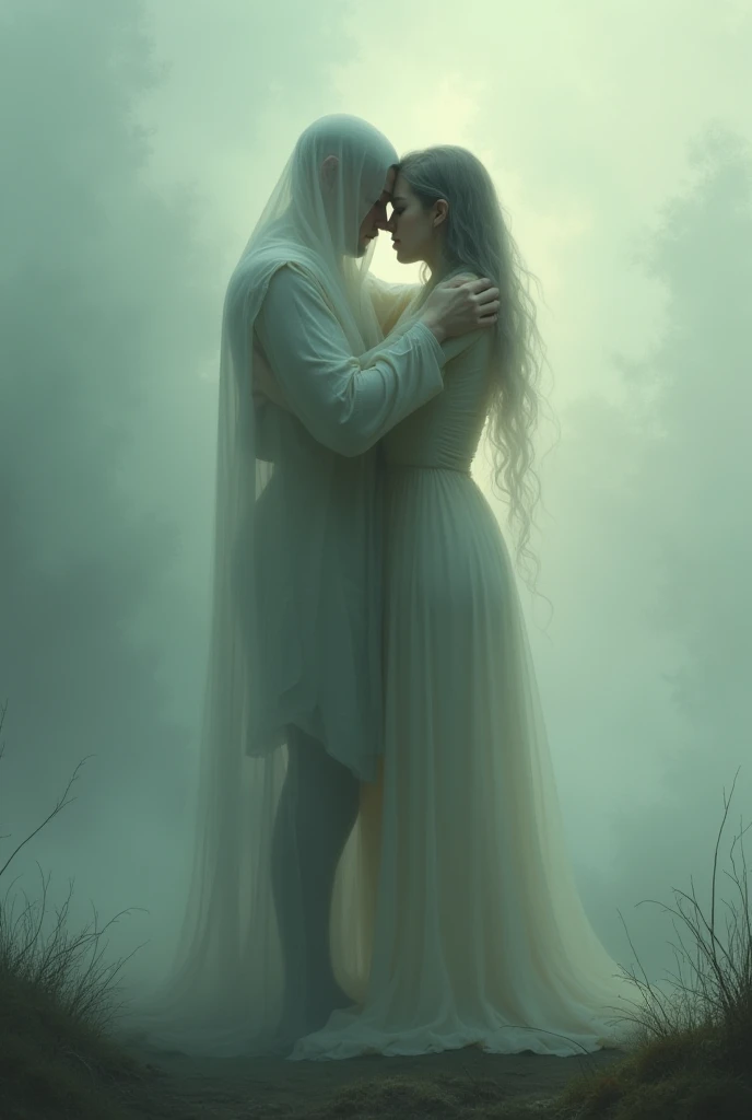 Create a couple of ghosts hugging each other where one is male and the other is female
