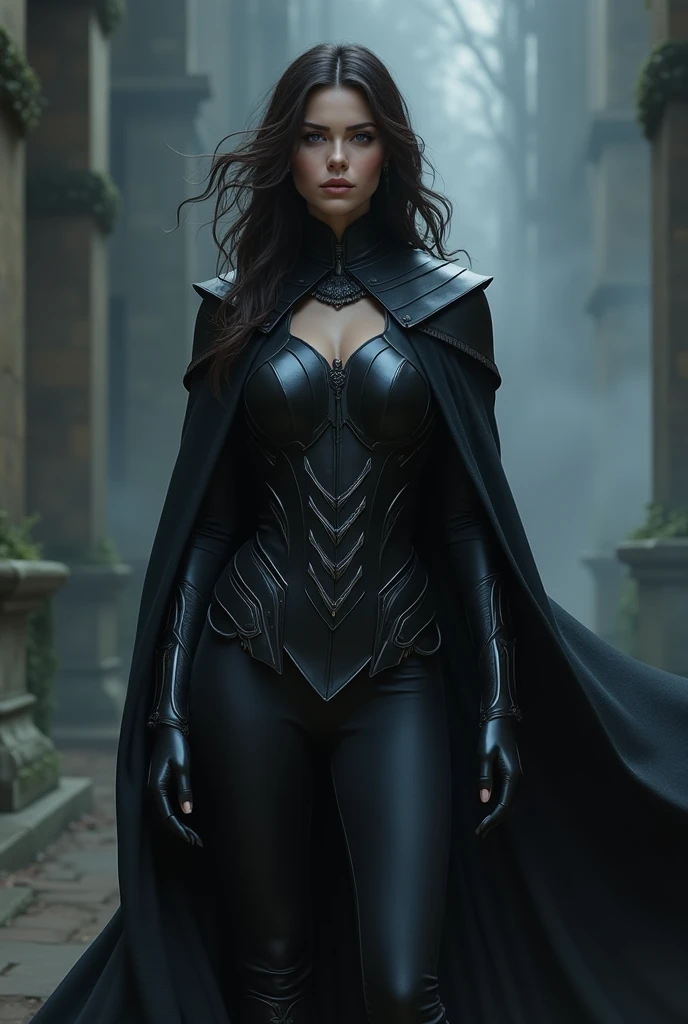 A woman wearing black armor, his eyes glow red, long black hair,big chested, big ass,expressionless face, bibir sexy