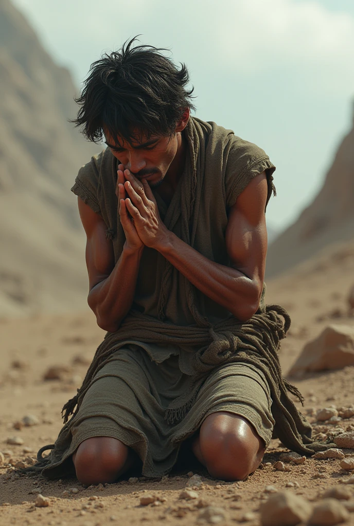 Make an image of a Nazirite man representing Samson, he is weak with an expression of someone who is repentant and kneeling with his hands on the ground, he is weak. 
