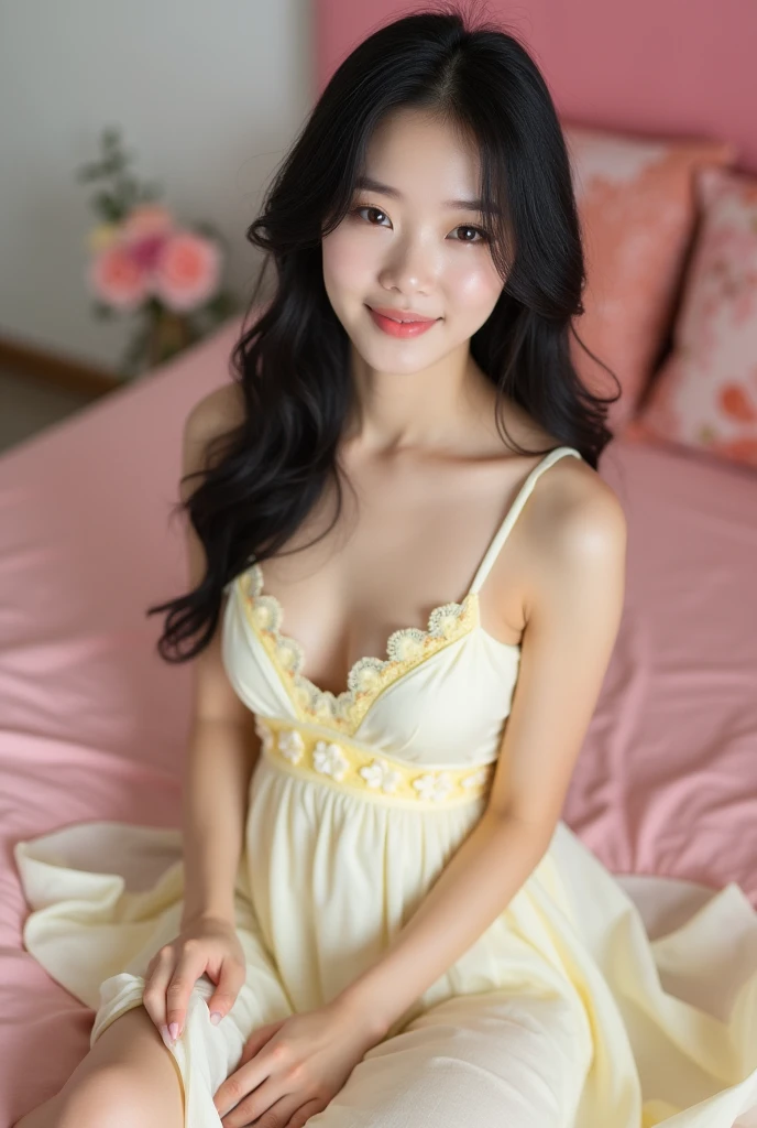 1 girl in、full body Esbian、A dark-haired、The long-haired、Huge breasts, cleavage、Shoulders exposed、White summer dress、Mini One Piece,Loose fit, see -through, (delicate illustration:1.4)、(masterpiece:1.0)、(top-quality:1.4)、(超A high resolution:1.2)、(Photorealsitic:1.4)、(8K、Raw photography:1.2)、(softfocus:1.4)、( student:1.3)、(foco nítido:1.4)、Beautiful Fine Face, Full body, Laughing,sitting in the couch