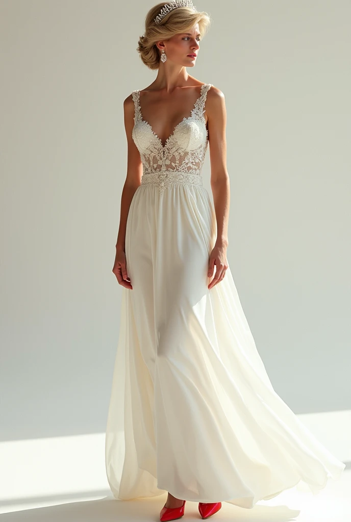 Create an Ivory Silk wedding dress cut on bias in a column style. It has a plunging neckline with beaded mesh tulle on the bodice area going up to tie around the nape of the neck in a 3D flower. The back is bare up to the waist. There is a small train. The train is inserted under the silk dress and it is the same fabric as the beaded mesh tulle on the bodice. The gloves are also the same fabric as the beaded tulle in a lightweight mesh. The woman wearing the dress is black, dark skin, 5’3,  but with slight curves. Her hair is in a coily Afro and she has a flower crown made of baby’s breath