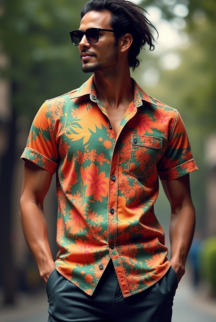 An eye catching, realistic, intricate details, warm colored shirt with retro designs patterns