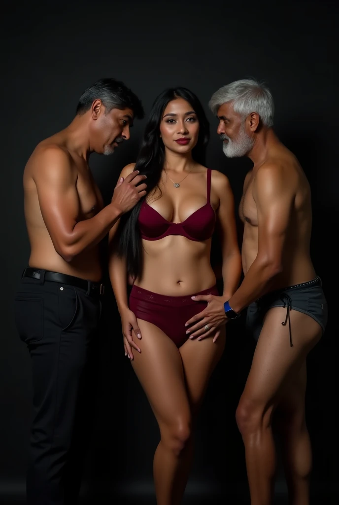 Wearing bra and panties hugged by two men