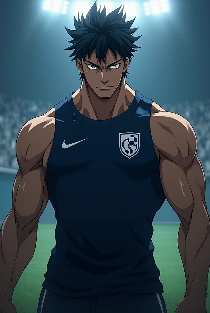 Create a football player with black wavy hair, wears a goatee and has the number 9 on his shirt, on the shirt it says ICE and he has black smoke around his body, he has in an attacking action position, make it in anime format, he is a serious player and he is 2, behind him there is a blurred field, His eyes glow purple and strands of energy come out