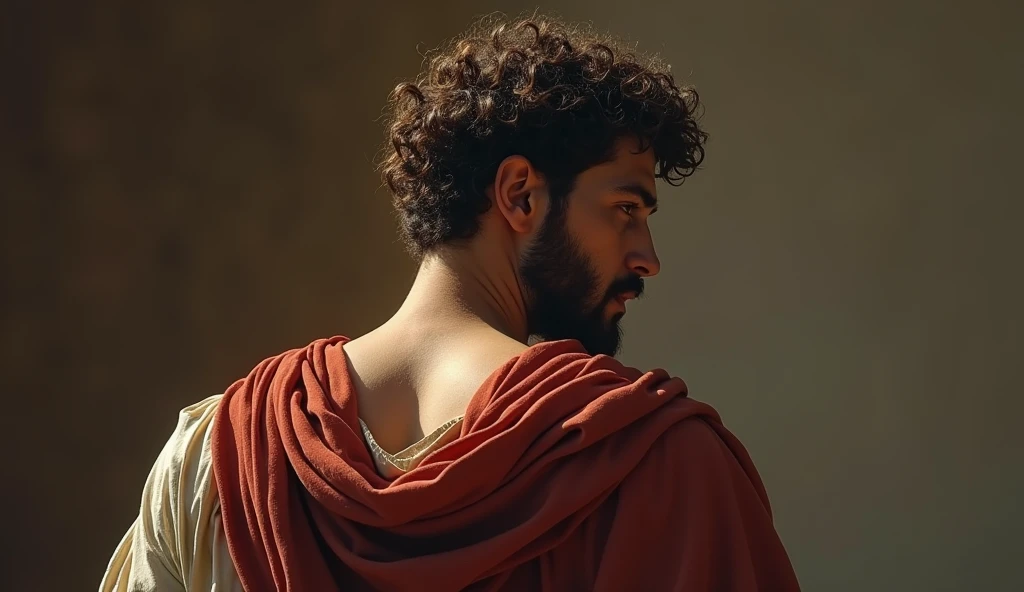 A male stoic philosopher with a well-proportioned and attractive physique, not excessively muscular. He is wearing classic tunics, slightly transparent, that gently drape over his body, subtly revealing parts of his shoulder, with a very short and well-groomed beard, and wavy, well-stylised hair. He is in a dark room, examining a crack in the wall with a look of concern and focus. His expression reflects a sense of urgency and contemplation. The scene is set in a vibrant, impressionist landscape with rich colors and dynamic brushstrokes, creating a sense of movement and emotion. The background has a subtle texture that adds depth but complements the text without overpowering it.”