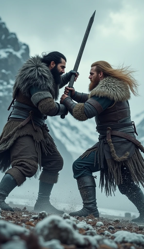 A strong blond lethwei master in his 30s, taught a strong young white man , a snowy landscape with a Russian proto-dox cross in the background