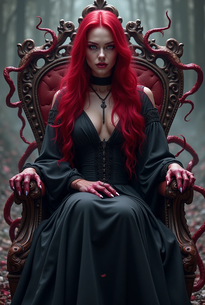 Generate a cinematic-style image, as if from an award-winning Hollywood feature film, featuring a gorgeous professional female Instagram influencer model with long reddish-blonde hair and captivating eyes. She is an attractive vampire princess in a dark and mysterious scene. The scene should have Photorealistic image of a dark empress with reddish-blonde hair, dressed in sleek, black attire, sitting regally on a throne surrounded by ominous, glowing green skulls, in a dimly lit, gothic chamber.

She leans back into the throne, one arm draped over the armrest, her legs crossed, and a confident smirk playing on her lips as she surveys her domain.

Intricate lace patterns on her gloves and clothing catching the light, adding elegance and sophistication to her dark appearance. The skulls on the throne adorned with faint, glowing runes that pulse softly, suggesting ancient, arcane power. The sorceress’s hair slightly illuminated by the green glow, adding a soft, radiant halo effect around her head. The sorceress’s boots reflecting the green light, adding a touch of realism and highlighting the sleek design of her outfit. The background rendered in soft, shadowy tones that gradually fade into darkness, focusing the attention on the sorceress and her throne.

cinematic lighting, extremely intricate detail character, accurate depiction of character, correct body anatomy, correct hands and fingers, extremely intricate skin and facial skin texture detail, lifelike potrayal, extremely realistic lighting, extreme dynamic pose. Extremely sharp detail without blurring. a dramatic, wide-angle composition with high-quality lighting and textures. Use keywords like "Cinematic", "award-winning", "wide angle", "hyperrealistic", "dramatic composition", "high-quality lighting", "vampire princess", "dark and mysterious", and "dynamic".