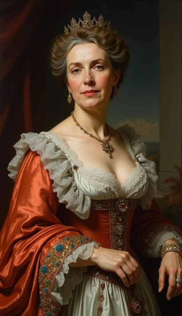 portrait painting of a thick Beautiful middle aged woman, extremely gorgeous, linen clothes, wearing a Victorian Camisole dress or chemise, by Peter Paul Rubens, in Peter Paul Rubens style, by Caravaggio, intricate, flawless, masterpiece, Best quality,