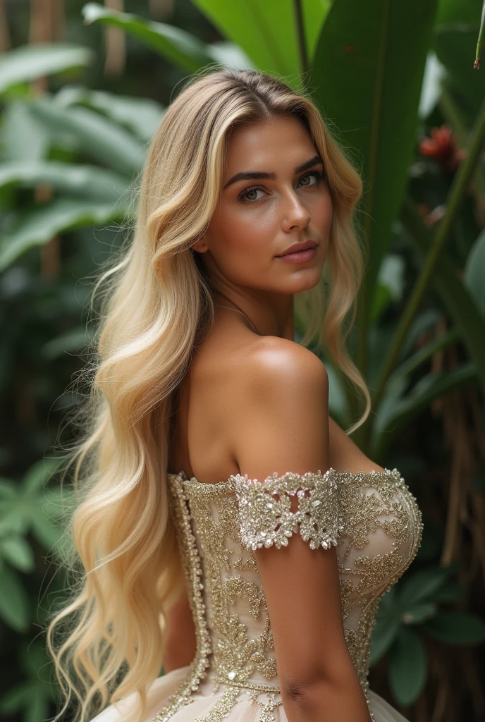 RAW photo, a 20-year-old Brazilian woman, blonde balayage, long hair, medium size breast, hour glass shaped body, (soft backlight), realistic, masterpiece, highest quality, lens flare, [[chromatic aberration]],best shadow, photorealism, hyperrealism, one girl, summer evening, outside dining, wearing a pretty dress
