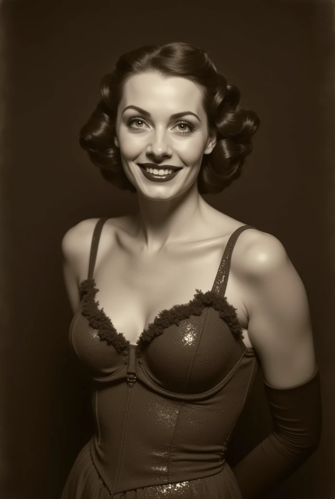 Lana Turner, the 1920s, sitting down, exposing cleavage, showing slender legs, wearing sexy lace micro lingerie, oil painting, sepia tones, soft lighting, detailed facial features, portrait, elegant pose, retro style, charming smile, beautiful hair, alluring gaze, classic beauty, black and white photography, high contrast, glamorous attire, fine brush strokes, vintage atmosphere, sophisticated expression