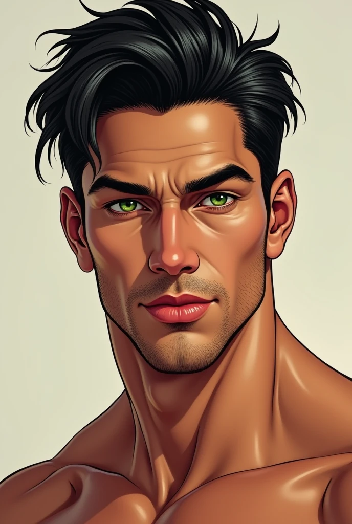 there is a man in a red transparent underwear posing for a picture, 36 years old, handsome manly face, musucline stocky body, big pecs, big biceps, big butts, standing and looking upward, camera angle is from above his head, tropical leaves background, leaves in front of him, banana leaf behind him, fined quality, digital art, illustration, tropical environment