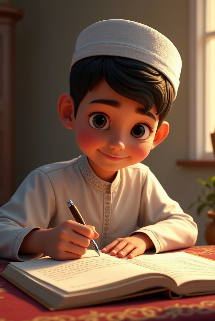 A young Muslim boy writes in a brochure 