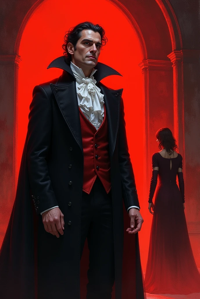  In the drawing Count Dracula is seen standing with a red aura , , he is seen wearing elegant clothing and has a confident smile on his face , At his sides there are two women ,  one of them is one of the key women who is next to him and the other one can be seen to be terrified and standing in a corner