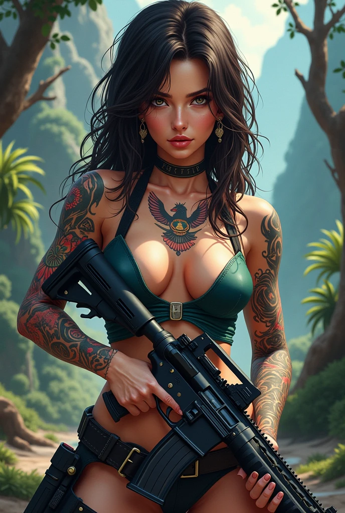 captivating image of a stunning edgy looking female with machine gun, beautiful eyes, tropical beach, wet bikini, hot sun, moody, grainy, noisy, concept art, by Alberto Seveso, Cyril Rolando, Dan Mumford, Meaningful Visual Art, Detailed Painting, Digital Illustration, Unreal Engine 5, 32k maximalist, hyperdetailed fantasy art, 3d digital art, sharp focus, masterpiece, fine art