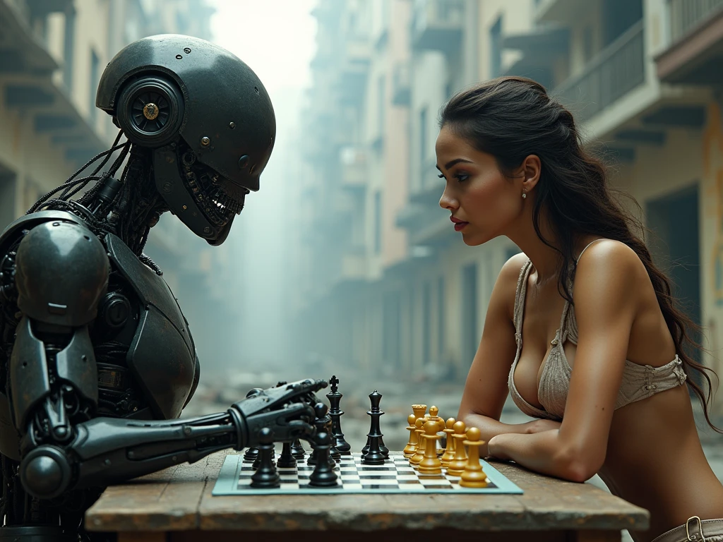 (Masterpiece.UHD.photorealistic. Analog photo 1940 style) dystopian world. in a dark Neo retro futuristic room. low key. An ultra hot gorgeous European woman. Age 23. Epic cleavage (100e breast size) full red puckered lips. withdark blonde hair. sitting and playing chess in a black dress, Very detailed. She is concentrating on the card game., Anti-realism. In the background a 1930 clunky and rusty giant evil war robot with glowing eyes.