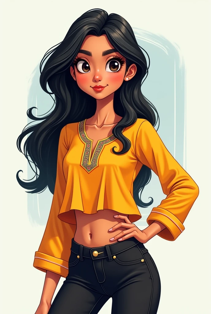 A girl simple look
Simple traditional look
Long earrings small nose and nosepin
Long face chubby chik
Long hair and curly hair degian
Kurta and jeans clothes