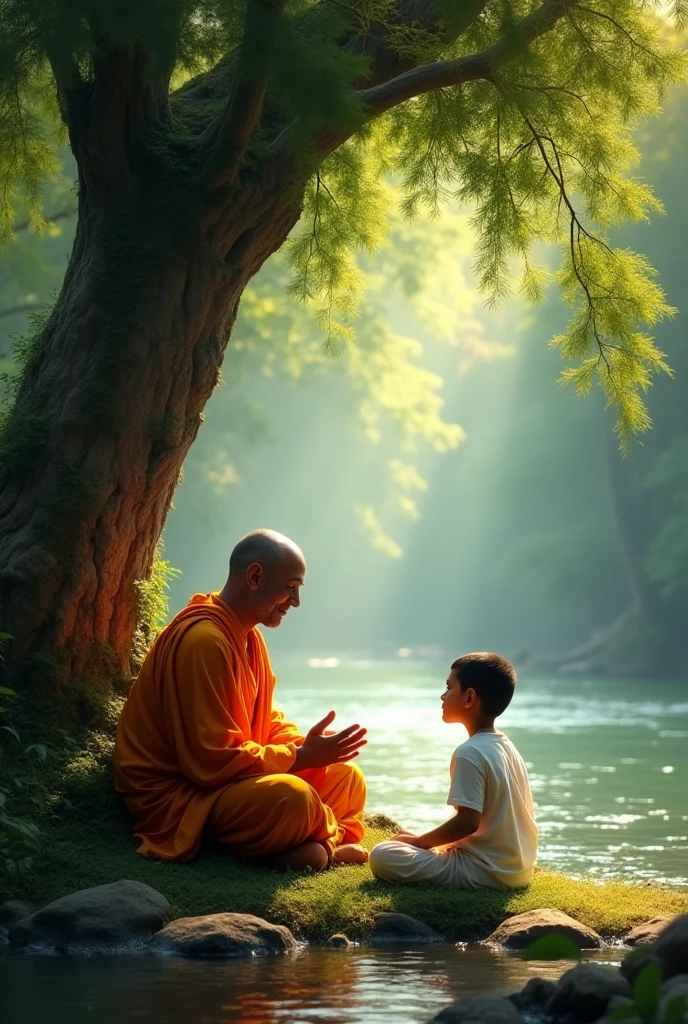 arafed image of a monk and a child sitting on a porch, buddhism, buddhist, buddhist monk, on the path to enlightenment, on path to enlightenment, monk meditate, monk, radiant morning light, portrait of monk, serene expression, by John La Gatta, monks, golden light, in a temple, beautiful depiction, 2 1 st century monk, spiritual enlightenment