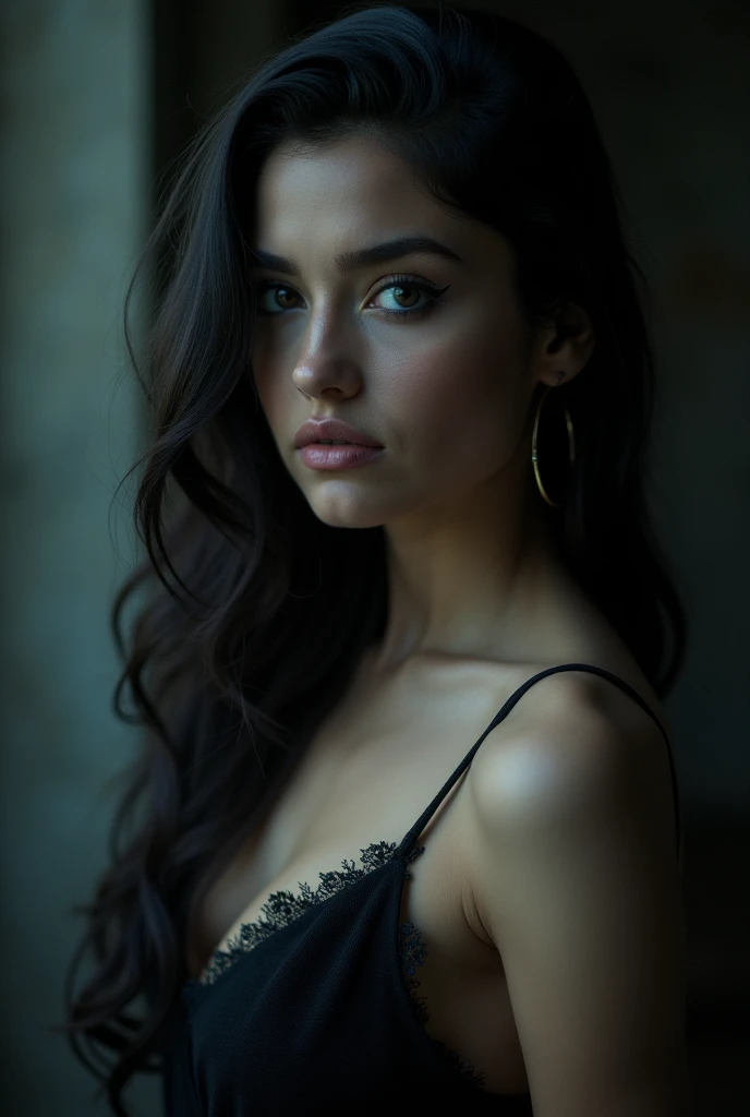 a beautiful young woman in a dark night gown, kamala harris, 1girl, joker face, dark alluring eyes, full lips, elegant pose, dark mysterious atmosphere, dramatic lighting, sinister air, gothic horror, moody dramatic lighting, cinematic composition, dark fantasy, hyperrealistic, masterpiece, 8k, ultra-detailed