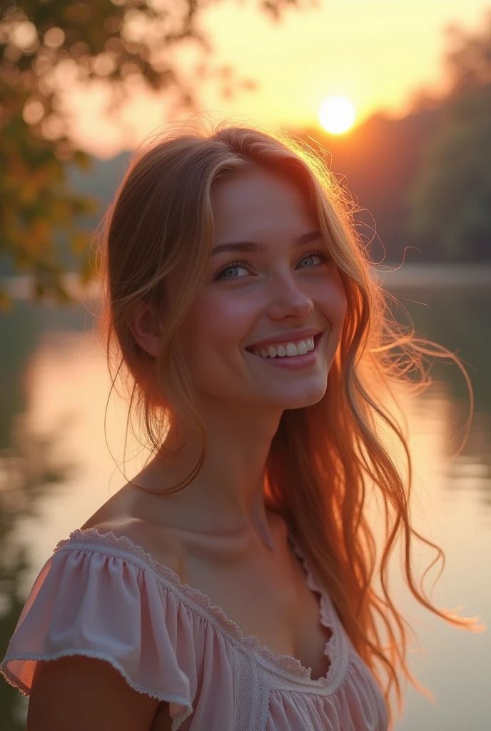 Excellent beautiful fisherwoman stays in lake, early morning, smiling sun