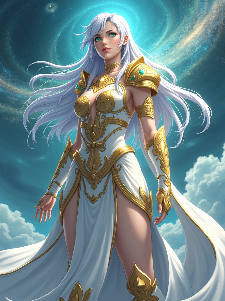 Por favor, draw Sasha, the reincarnation of Athena from the Knights of the Zodiac, with the following details:Costume and Armor: Sasha must be wearing a long dress, white and fluid, simbolizando pureza e divindade. The dress must have details in gold and purple, colors associated with Athena. She must wear a golden tiara with an olive leaf ornament, symbolizing wisdom and peace.Position and Posture: Sasha must be in a majestic and serene position. She may be standing, with one hand extended in front, symbolizing protection and benevolence, or holding Nike&#39;s crosier, the scepter with the statue of the goddess of victory, in a firm, protective position.Facial expression: Sasha&#39;s expression must be calm, compassionate and serene, reflecting your divine and protective nature. Your eyes should convey kindness and wisdom.body hair: Draw Sasha with her long purple hair, fluttering lightly to add a sense of movement and divinity.scenario: The setting should be a classical Greek temple or celestial environment, with marble columns, soft, heavenly light, and details of olive trees in the background. There may be a slight golden aura around Sasha to emphasize her divine nature.Accessories and additional details: Include details like gold bracelets and earrings. Add a slight glowing aura around her to enhance her divine presence. The background may have a clear blue sky with soft white clouds, complementing the heavenly atmosphere.