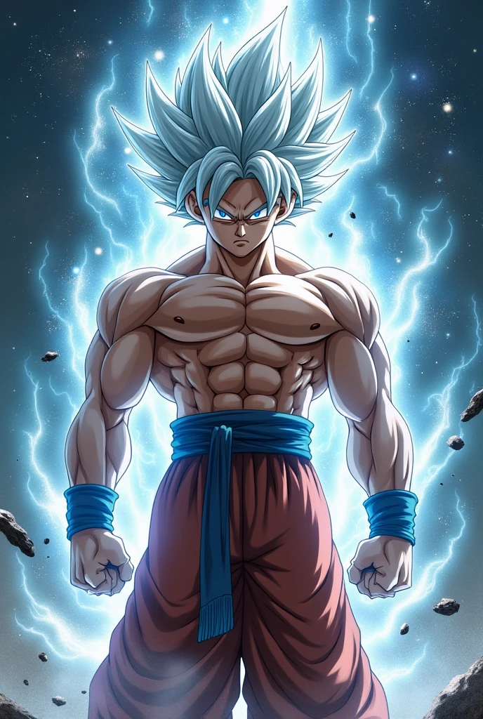 glowneon, photo of glowing Ultra Instinct Son Goku emitting sparks and electricity, dark white, glowing eyes, cinematic film still 