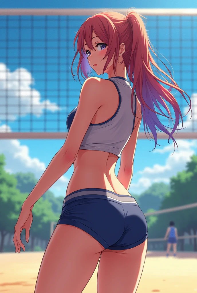 Ultra realistic 7  girl, pigtail hair pink, top medium breasts, sexy, smug face, sonrisa, posando, school gym, back view, voltea mirando hacia el frente, mojada, sudada, concentrada, volleyball, tight panties, recibo de balon