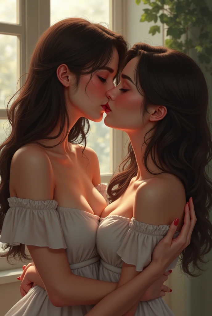 The two girls hugged each other. Kiss each other face to face. Grasp each other's breasts with your hands. perfect body, {{}}, {perfect body}, {delicate face}, {{best quality}}}, {{super detailed}}, {{masterpiece}}, {{best quality}}}, {{super detailed}}, {{illustration}}, {messy hair}, {{messy hair}}}, clear facial features, clear skin features, (clear areola: 1.1), black lace, (ahegao: 1.5), realism, realism, neorealism, octane rendering, corona rendering, UE4, high detail, ultra high quality, high resolution, 8K trend in art station, HD, hyper-realistic, telephoto lens, chest lens (MCU), first-person view, cinematic lighting, -imagination- - (Waiting to start)-imagine -