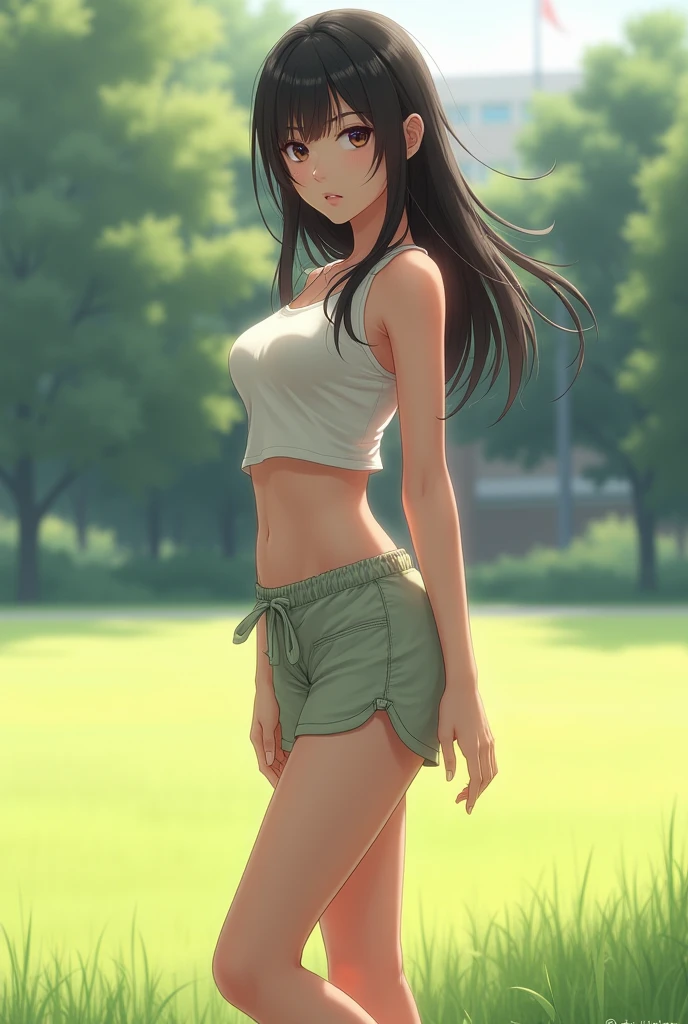1 girl in mini shorts, shirtless in the woods