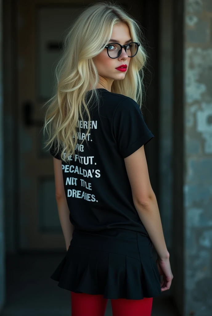 Photograph of a blonde woman with long, blonde curly hair, black glasses, black reading glasses, long sleeve t-shirt, blue jeans, staring at the camera, realistic photo, realistic, very detailed photo, realism, no errors.