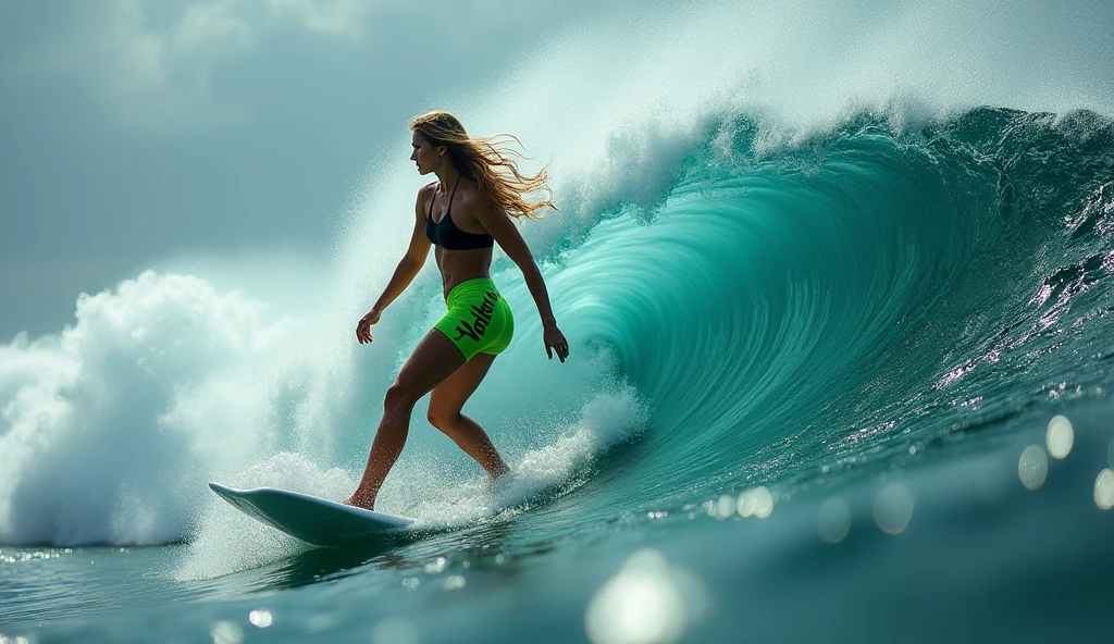  beautiful woman with long pink hair, dynamic, surfing on a massive wave, wearing balck bikini ,crystal clear water, bright sunlight casting sharp shadows,wide-angle lens,action shot,(powerful and muscular physique),(intense focus on face),(high-speed water droplets in air:1.3),(deep blue and turquoise ocean colors),(foamy white wave crests:1.2),(vibrant sunlight reflections on water),(athletic pose),(casual surf wear),(sense of motion),(spray of sea:1.1),(sunny beach background),(adventurous spirit),(nature's power),