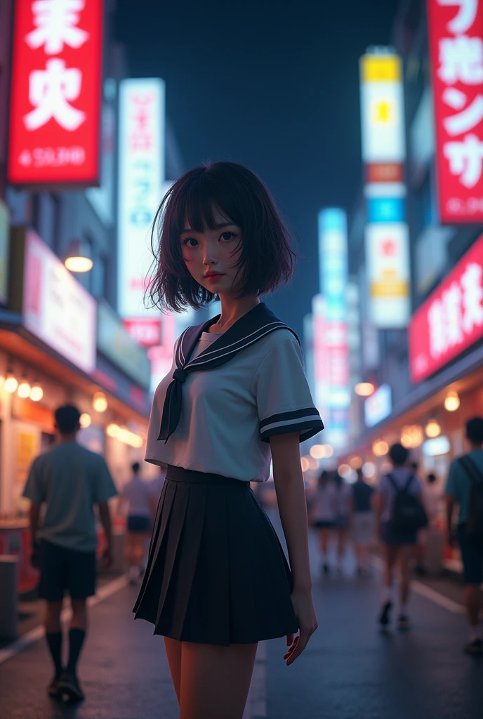 (8k, RAW photo, best quality, masterpiece:1.2), (realistic, photo-realistic:1.37), ultra-detailed, 1 girl,cute, solo,beautiful detailed sky,detailed tokyo street,night, medium breasts,beautiful detailed eyes,(collared shirt:1.1), bowtie,pleated skirt,(short hair:1.2),floating hair,short hai,