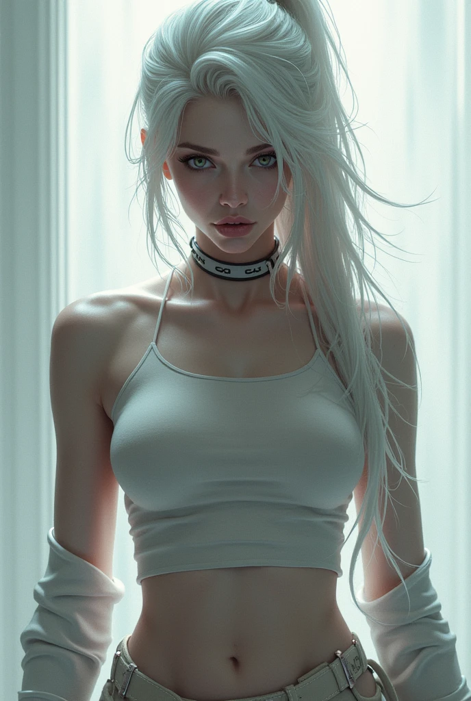 beautiful girl, military, white hair, bloody eyes, choker, cropped top, muscular abdomen, navel, black leather pants, spiked long gloves, wall,