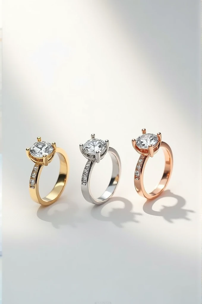 Create me, with a light background, three identical models of engagement rings, in a solitaire model with a diamond, each ring, the difference will be the color, one will be yellow gold, another in rose gold and the third in white gold. The Rings are identical, what changes is the color.