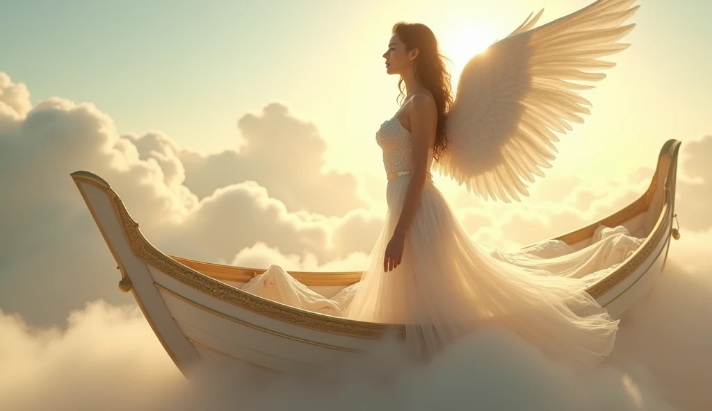 a beautiful angel is sitting in a boat floating on the lake, snow-white long wings neatly folded behind his back, a delicate face, an intriguing look, long hair flying in the wind, in the background a picturesque meadow with beautiful flowers, a gently pink sky with feathery clouds,  <lora:sdxl_lora_angel:0.6>